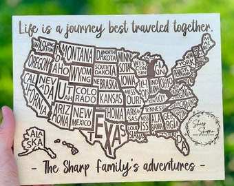 USA Travel Adventure Map - State by State Coloring Sign - Family Adventure - Personalized Laser Engraved Home Decor