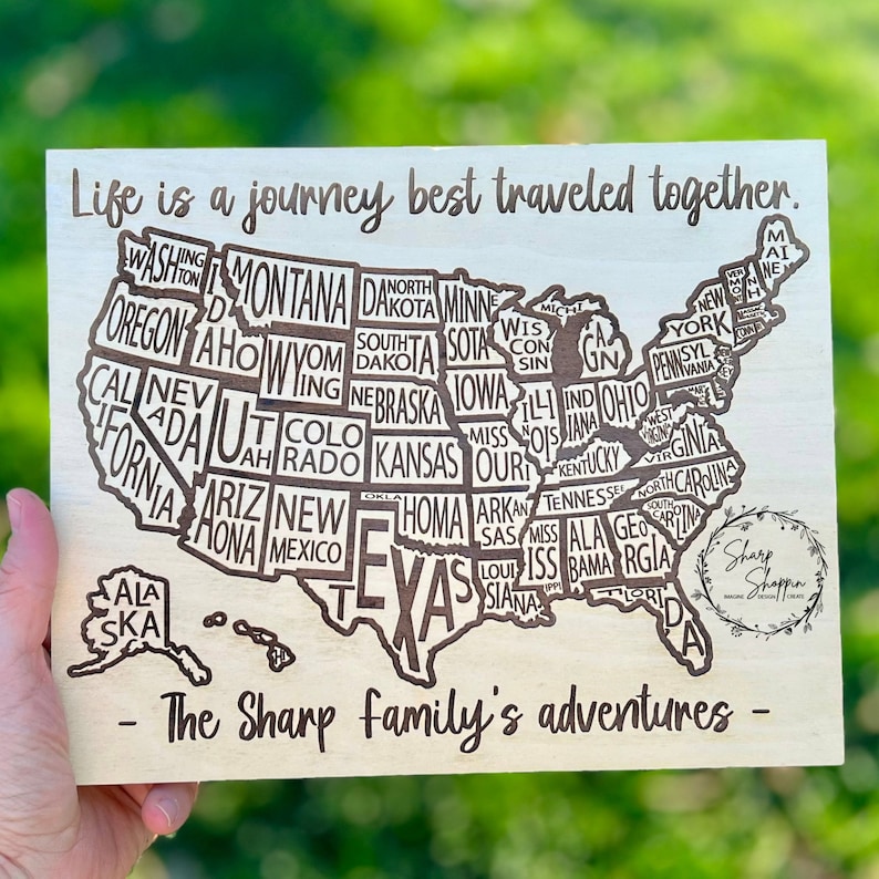USA Travel Adventure Map - State by State Coloring Sign - Family Adventure - Personalized Laser Engraved Home Decor