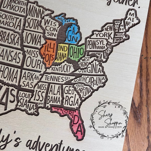Mapa de viaje personalizado de EE. UU. – Letrero para colorear grabado con láser