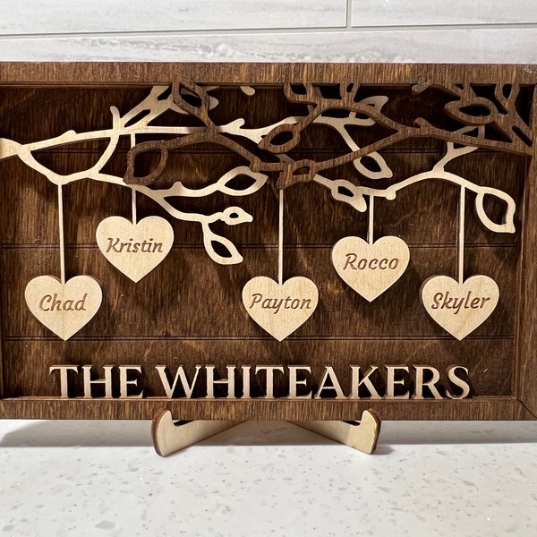 Personalized Wooden Family Tree Sign with stand| Decoration | Couple | Hanging Hearts | Mothers Day | Best Mom Ever Love Grows Here