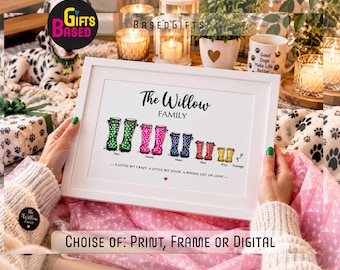May include: A white framed print titled The Willow Family featuring a series of colorful illustrated rain boots in green, pink, blue, red, and yellow with polka dot patterns, accompanied by names and the text A LITTLE BIT CRAZY, A LITTLE BIT LOUD, A WHOLE LOT OF LOVE.