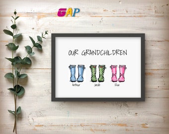 Personalised Grandchildren Wellie Boot Print: Framed Family Gift