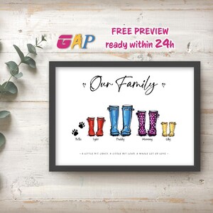 May include: A framed print titled Our Family featuring illustrations of five pairs of rain boots in red, blue, purple, and yellow, with paw prints for Bella, names for Tyler, Daddy, Mommy, and Lilly, and the text A LITTLE BIT CRAZY, A LITTLE BIT LOUD, A WHOLE LOT OF LOVE.