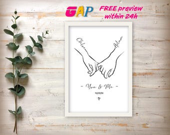 Personalised Holding Hands Line Art Print, Custom Couple Anniversary Gift Framed