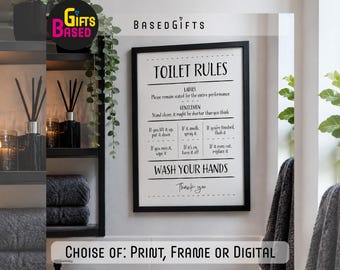 Funny bathroom signs, Toilet Rules Framed Print, Home Gift