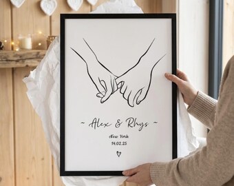 Personalised Couples Anniversary Gift Engagement Print Promise Line Wall Art | Holding Hands Marriage Poster