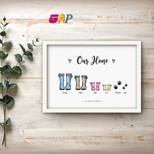 Our Family wellies Print Birthday gift Personalised NewHome picture custom portrait Housewarming, Framed print or digital instant download image 5