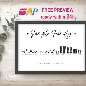 May include: A framed print featuring the text Sample Family in black script, followed by a horizontal row of various animal paw prints, hoof prints, and human rain boot illustrations with names underneath, and the text THIS IS HOW THE SIZES LOOK.
