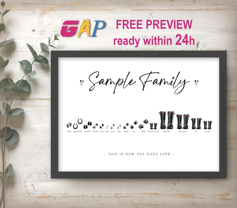 May include: A framed print featuring the text Sample Family in black script, followed by a horizontal row of various animal paw prints, hoof prints, and human rain boot illustrations with names underneath, and the text THIS IS HOW THE SIZES LOOK.