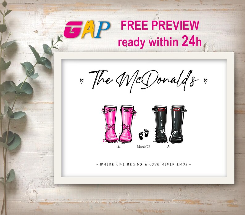 May include: A white framed print featuring the text The McDonald's and Where life begins & love never ends. The illustration includes two pink rain boots labeled Liz, two black rain boots labeled Al, and baby footprints labeled March'26.