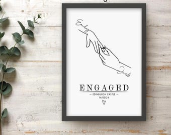 Personalised Engagement Gift for Couples, Custom Hand Line Drawing Art, Framed Anniversary Poster