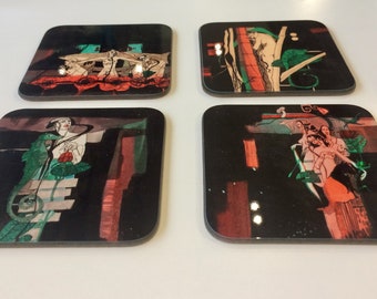 Drinks Coaster Ladies Ink Drawing mushroom chameleon whale red roses art deco gift