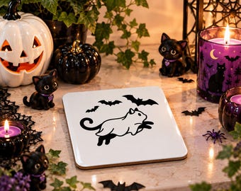 Cat and Bats Corkwood Coaster Set Flying Spooky Halloween Black Kitten