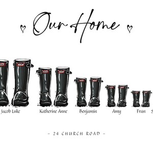 May include: A white wall art print featuring the text Our Home with two small hearts. Below are five pairs of black rubber boots in descending sizes, labeled Jacob Luke, Katherine Anne, Benjamin, Amy, and Fran, plus paw prints labeled Squeaky.