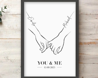 Personalised Couples Anniversary Gift | Holding Hands Line Art Print | Custom Pinky Swear Wall Art | 1st Paper Anniversary Present