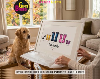 May include: A white framed print featuring a watercolor illustration of various colored rain boots arranged in a row, with the text "Our Family" and "EST. 2017" below the boots, along with individual names and paw prints for pets.