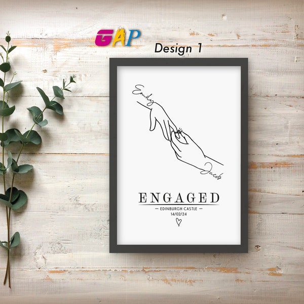 Anniversary Print Personalised Fiance Gift Couples Engagement Congratulations Poster Holding Hands Love Heart Valentines Day Special Date