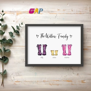 Our Family wellies Print Birthday gift Personalised NewHome picture custom portrait Housewarming, Framed print or digital instant download image 6