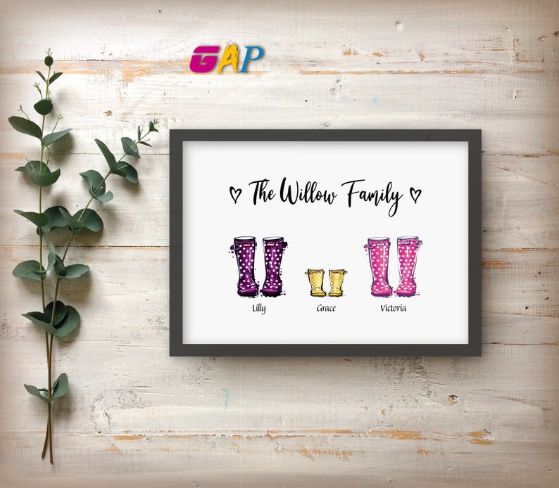 Our Family wellies Print Birthday gift Personalised NewHome picture custom portrait Housewarming, Framed print or digital instant download image 6