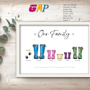 May include: A framed print titled Our Family featuring illustrations of various rain boots. The boots are blue, pink, yellow, purple, and green with polka dots. Below the boots are names and the text: A LITTLE BIT CRAZY, A LITTLE BIT LOUD, A WHOLE LOT OF LOVE.