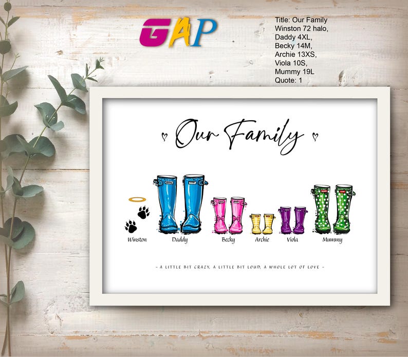 May include: A framed print titled Our Family featuring illustrations of various rain boots. The boots are blue, pink, yellow, purple, and green with polka dots. Below the boots are names and the text: A LITTLE BIT CRAZY, A LITTLE BIT LOUD, A WHOLE LOT OF LOVE.