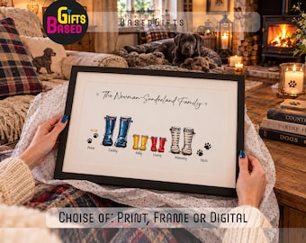 Personalised Family Wellies Print | Watercolor Welly Boot Picture (Framed Wall Art)