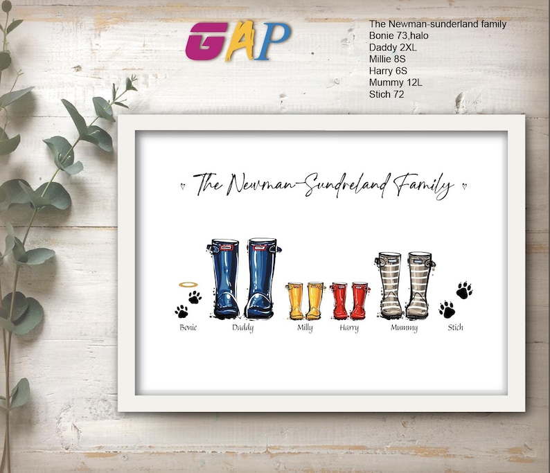 May include: A framed print featuring the text The Newman-Sundreland Family above illustrations of various rain boots. The boots are labeled Bonie, Daddy, Milly, Harry, Mummy, and Stich, with paw prints and a halo icon included in the design.