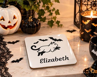 Personalised Flying Cat with Bats Coaster | Halloween Drink Mat