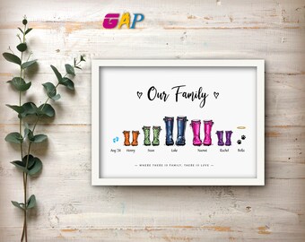 Our Family wellies Print Personalised Gift NewHome picture custom portrait, Birthday, Housewarming, Framed print or digital instant download