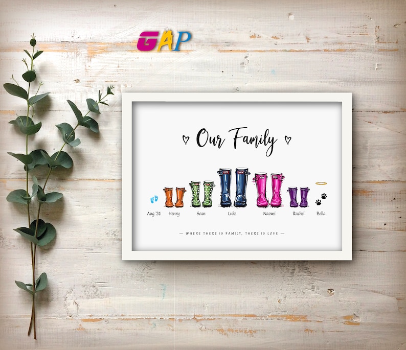 Our Family wellies Print Birthday gift Personalised NewHome picture custom portrait Housewarming, Framed print or digital instant download image 1