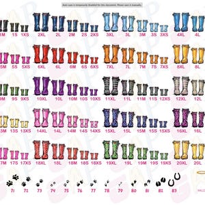 May include: A digital chart displaying rows of illustrated rain boots in various colors and patterns, labeled with size codes from 1XL to 20XS. The bottom row features animal paw prints, hoof prints, and horseshoe icons labeled 31 through 83.