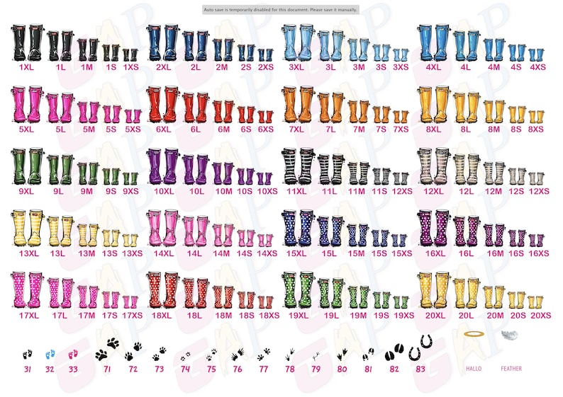 May include: A digital chart displaying rows of illustrated rain boots in various colors and patterns, labeled with size codes from 1XL to 20XS. The bottom row features animal paw prints, hoof prints, and horseshoe icons labeled 31 through 83.