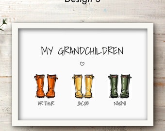 Our Grandchildren Family Wellie print framed or printable Personalised Wellington Boots present for Nana Grandad Grandparents Birthday gift