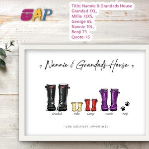 May include: A framed print featuring the text Nannie & Grandads House and Our Greatest Adventure. The illustration shows five pairs of rain boots in black, yellow, red, and purple, labeled Grandad, Millie, George, Nannie, and Benji with paw prints.