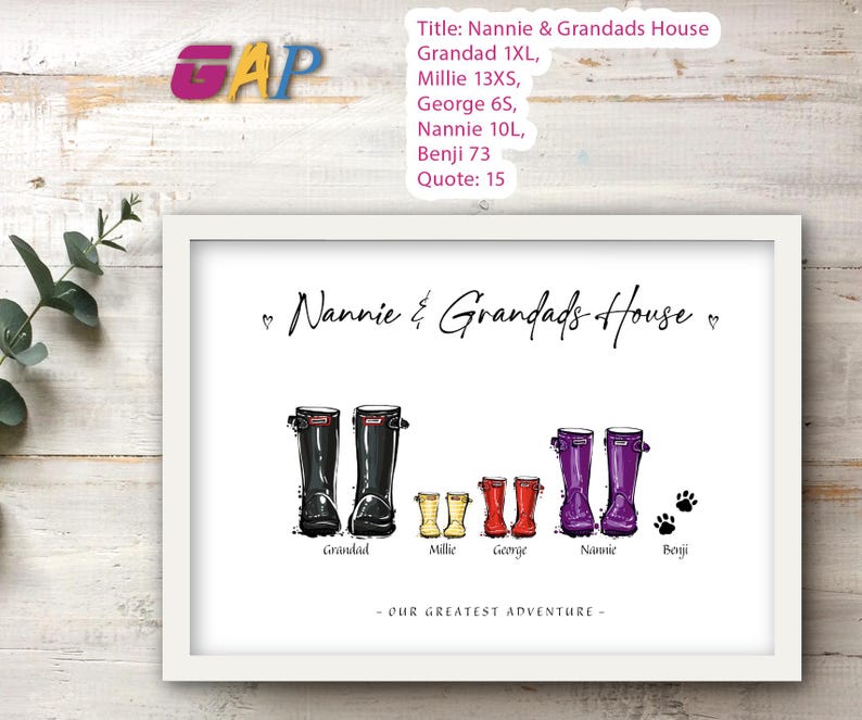 May include: A framed print featuring the text Nannie & Grandads House and Our Greatest Adventure. The illustration shows five pairs of rain boots in black, yellow, red, and purple, labeled Grandad, Millie, George, Nannie, and Benji with paw prints.