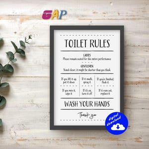 Bathroom prints toilet rules wall decor WC washroom art funny loo poster pictures Printable Digital Instant Download print yourself pdf jpeg