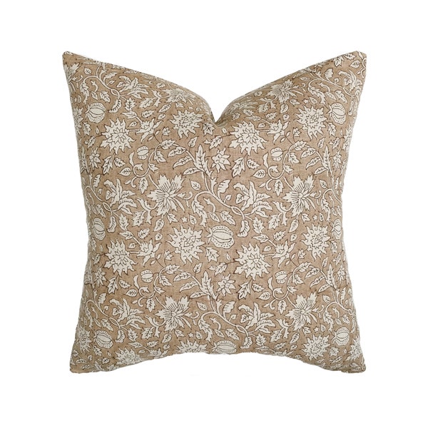 Mae | Dusty Rose Floral Handblock Linen Pillow Cover | Blush Designer Fabric | Neutral Home Decor | 18x18 | 20x20 | 22x22 | 24x24 | Lumbar