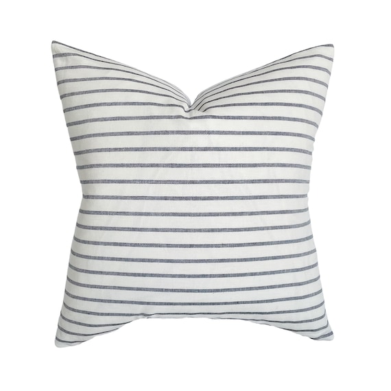 Linen Striped Pillow Cover Ivory and Navy Coastal Etsy