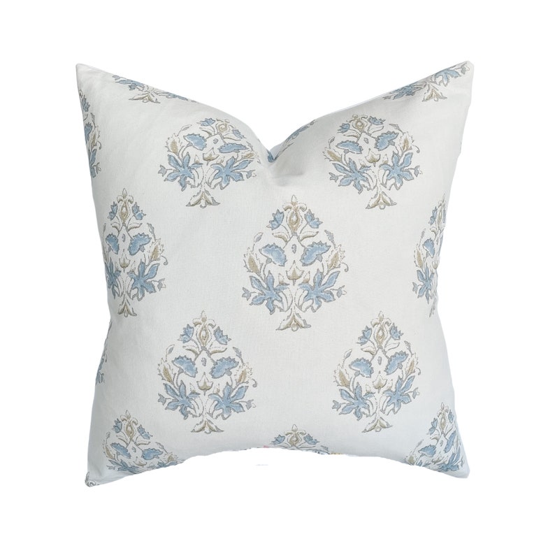 Ayla Floral Blue Handblock Pillow Cover Soft White Coastal image 1