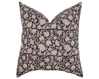 Emmett | Black Floral Handblock Pillow Cover | Black Onyx Beige | Designer Fabric | Neutral Home | 18x18 | 20x20 | 22x22 | 24x24 | Lumbar