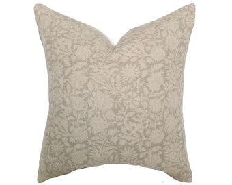 Serena | Soft Greige Floral Handblock Pillow Cover | Beige Designer Fabric | Neutral Home Decor | 18x18 | 20x20 | 22x22 | 24x24 | Lumbar