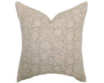 Greige Floral Linen Pillow Cover, Soft Cream Block Print Throw Pillow, Neutral Cottagecore Decor