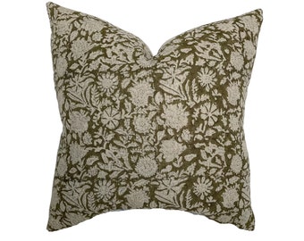 Sienna | Dark Olive Floral Handblock Pillow Cover | Moody Tone Designer Fabric | Neutral Home Decor | 18x18 | 20x20 | 22x22 | 24x24 | Lumbar