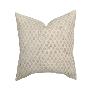 Paige | Ivory Tan Floral Handblock Pillow Cover | Warm Tone Designer Fabric | Neutral Home Decor | 18x18 | 20x20 | 22x22 | 24x24 | Lumbar