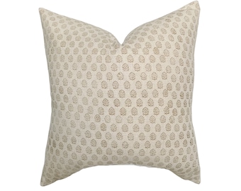 Paige | Ivory Tan Floral Handblock Pillow Cover | Warm Tone Designer Fabric | Neutral Home Decor | 18x18 | 20x20 | 22x22 | 24x24 | Lumbar