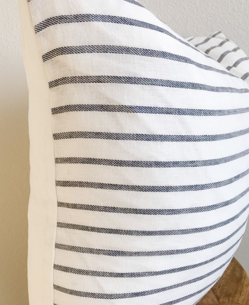 Linen Striped Pillow Cover Ivory and Navy Coastal Etsy