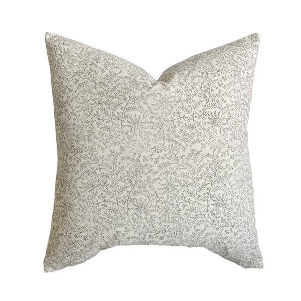 Emma | Soft White Floral Handblock Pillow Cover | Natural Ivory Designer Fabric | Neutral Home | 18x18 | 20x20 | 22x22 | 24x24 | Lumbar
