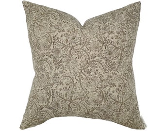 Drew | Natural Tan Floral Handblock Pillow Cover | Light Brown Designer Fabric | Neutral Home Decor | 18x18 | 20x20 | 22x22 | 24x24 | Lumbar