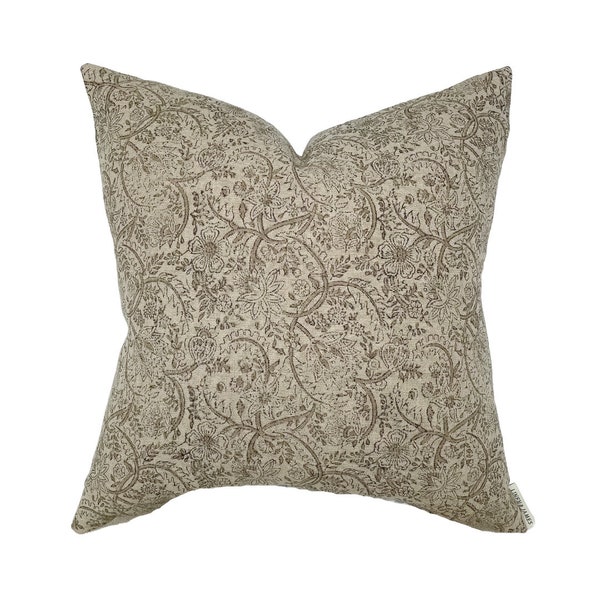 Drew | Natural Tan Floral Handblock Pillow Cover | Light Brown Designer Fabric | Neutral Home Decor | 18x18 | 20x20 | 22x22 | 24x24 | Lumbar