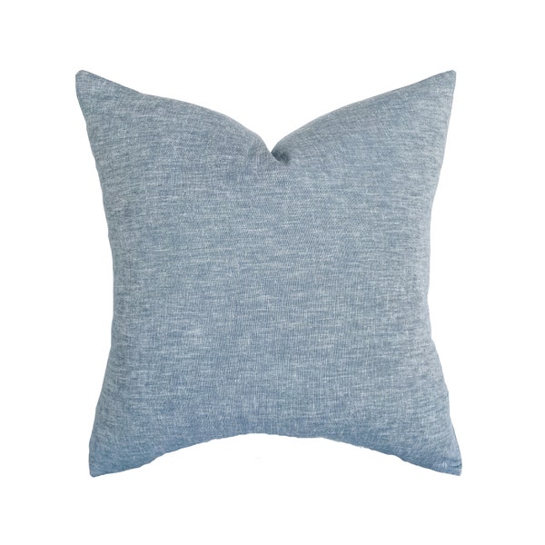 Callie | Chambray Linen Pillow Cover | Solid Blue Indigo Chambray | Modern Coastal Farmhouse Home Decor | 18x18 | 20x20 | 22x22 | Lumbar